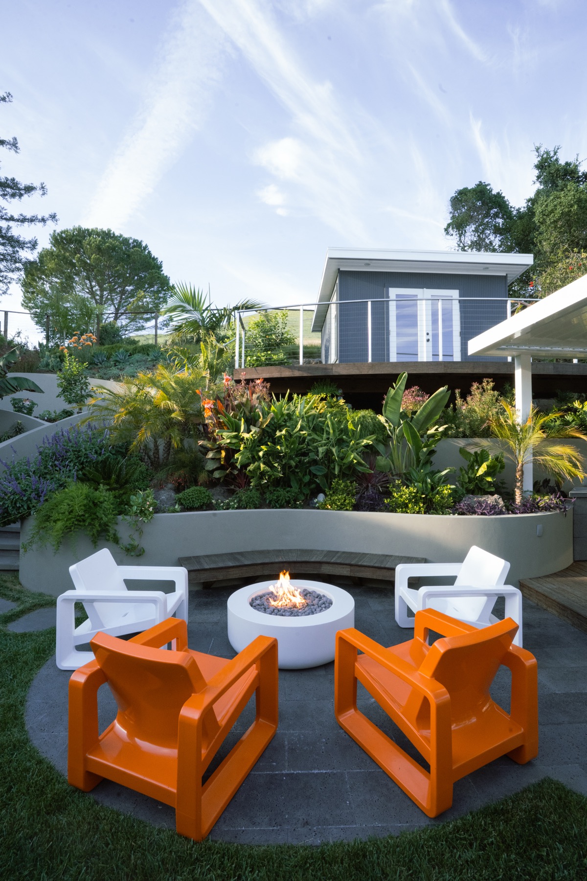 A fire-pit lounge in a Marin garden